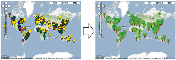 世界地図上に世界各地のグリーンウェイブ活動がポイントされた画像とポイントが樹木におきかわった画像