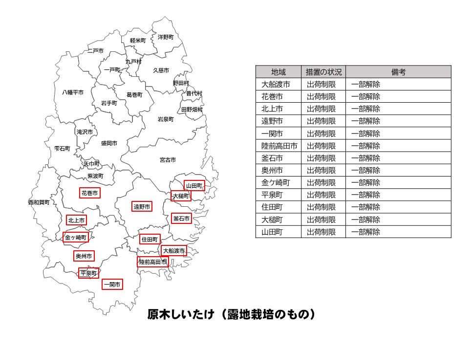 露地栽培原木しいたけの出荷制限等の状況を示した岩手県の地図