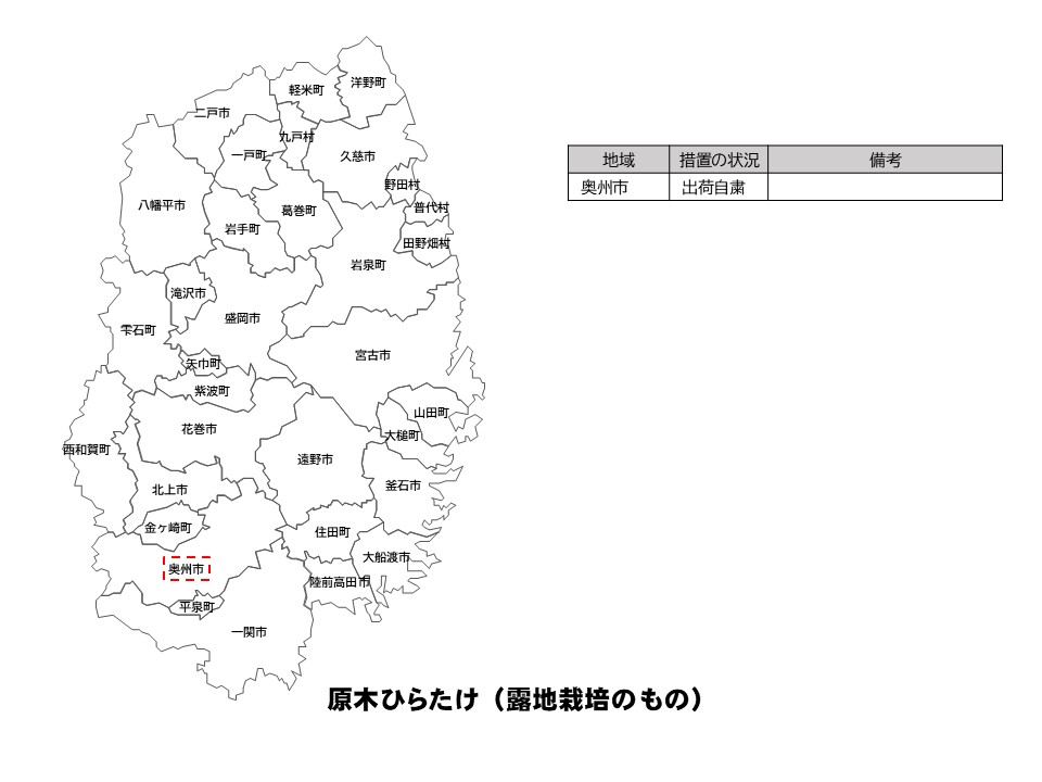 露地栽培原木ひらたけの出荷制限等の状況を示した岩手県の地図
