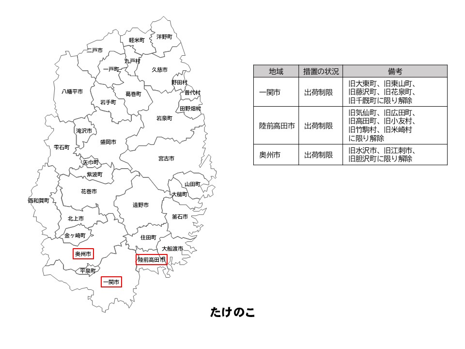 たけのこの出荷制限等の状況を示した岩手県の地図
