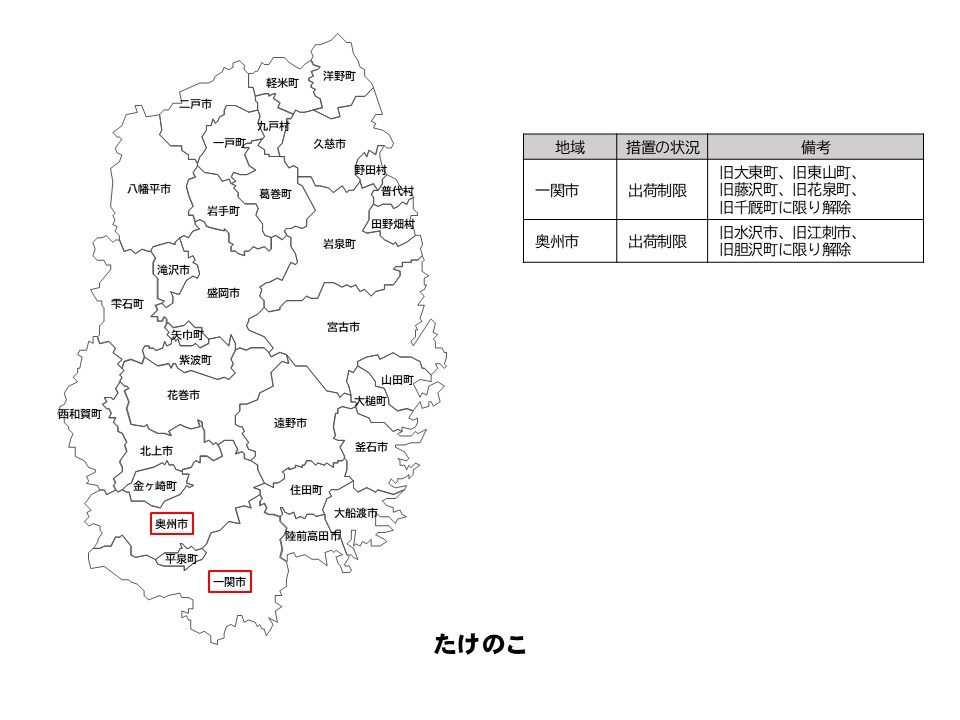 たけのこの出荷制限等の状況を示した岩手県の地図