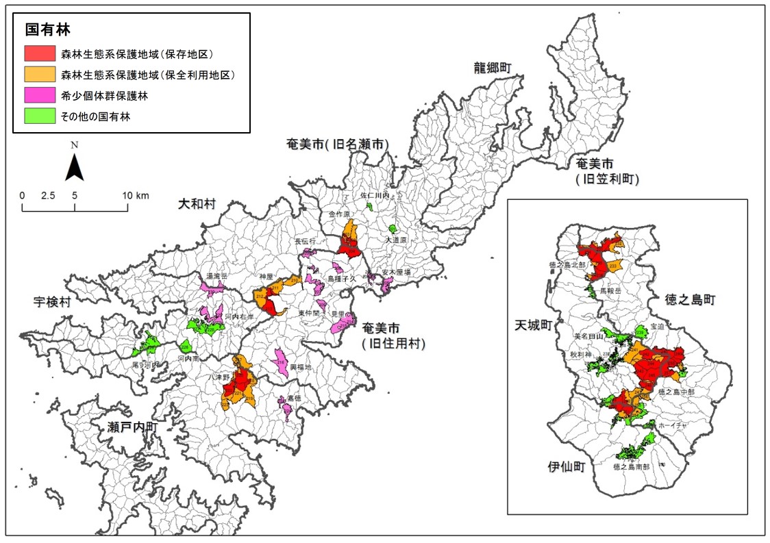 奄美大島森林生態系保護地域位置図