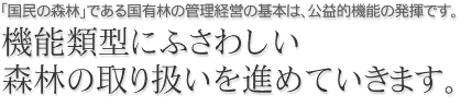 「国民の森林」である国有林の管理経営の基本は、公益的機能の発揮です。
機能類型にふさわしい森林の取り扱いを進めていきます。