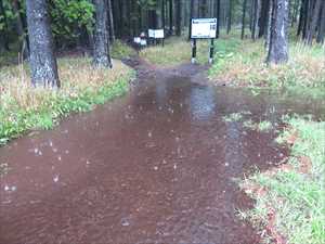 遊歩道入り口の大きな水たまり