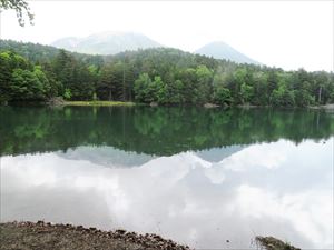 曇り空に、うっすらと雌阿寒岳と阿寒富士が顔を出し、少しゆらいで湖面に映っていました。