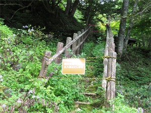 湯の滝の上部への階段は、破損箇所があり危険ですので、立入禁止の標識を設置しました。