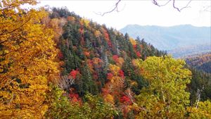 見晴台手前よりヨスミノ沢方面の紅葉と石狩岳