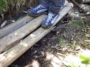 補修前の木道、足のところが折れて凹んでいます。