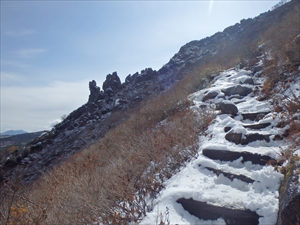 マネキ岩と雪が積もった歩道