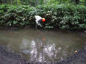 車道（歩道）の一部分の水はけが悪くなっていたため、水路を作りました。