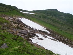 8~9合目の歩道上に雪渓