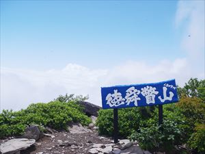 山頂標識が綺麗に塗り替えられており、雲海の青い空と白い雲に映えていました。