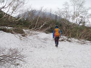 イワオヌプリ前半の歩道上に雪渓があります