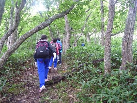 登山中の中学生