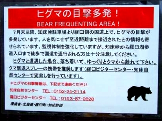 知床峠にある注意喚起の看板です。今年は国道沿いにも熊が出没し道路脇の野いちごを食べに来ているようなので気を付けましょう。