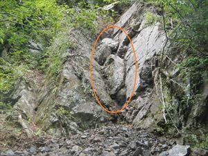 崩落の起点となった斜面の岩場を見上げると、この後も崩落が懸念される脆い岩場が見られ注意が必要です。