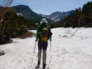 歩道は所々雪渓が残っていますが、つぼ足で気をつけて歩きます。