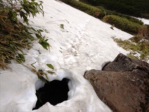 残雪の下は雪が溶けて空洞になり水が流れている場所もあるため、踏み抜きの恐れがあります