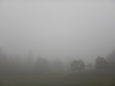 濃霧の覆われた白銀荘駐車場の様子