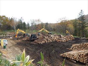 森林整備の結果として出材した丸太をグラップルにより整理している土場