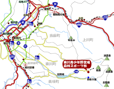 東川青少年野営場森林スポーツ林位置図