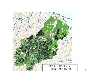 民有林と国有林を同時に表示したGISの画面