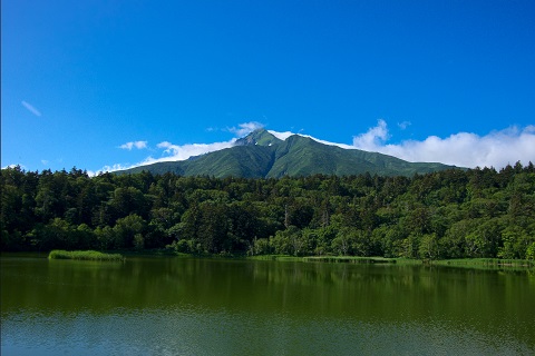 利尻富士町　姫沼から望む利尻岳の写真