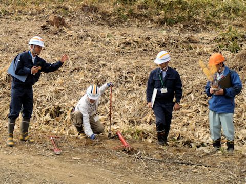 コンテナ苗の植え付けを実演している写真