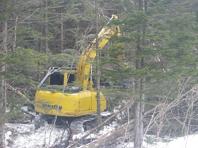 高性能林業機械が伐採している写真