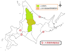 大規模発電施設と上川地域の位置図