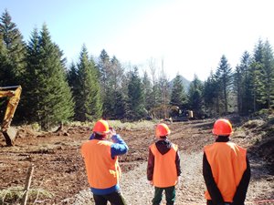 生産現場での見学（ハーベスタの作業に興味深々）