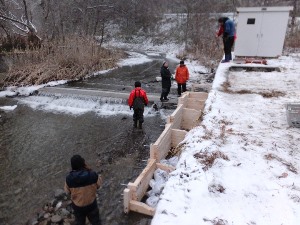 頭首工が立ち上がると魚道に川の水が流れる仕組みです。