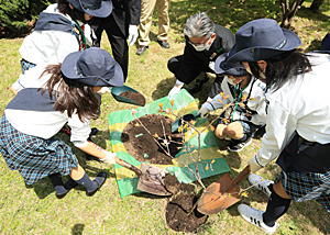 記念植樹を行うガールスカウトの皆さん