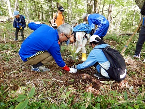 植樹の様子（校長先生と児童たち）