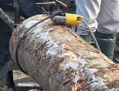 土場付近まで集材後すぐにハーベスタで玉切