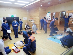 3グループに分かれ訓練用人形とAEDを使用した実技講習