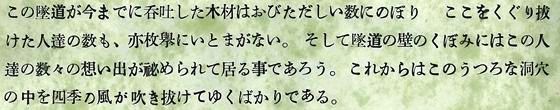 この墜道が今までに呑吐した木材はおびただしい数にのぼりここをくぐりぬけた人たちの数も、