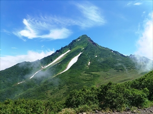 緑生い茂る利尻山。これからお花畑が広がる（８合目長官山より）