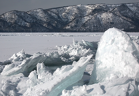 御神渡りは湖面が全面結氷したときに、昼夜の温度差で氷が膨張収縮することによりおこる現象で、奥の湖面に見えるのも御神渡りです。