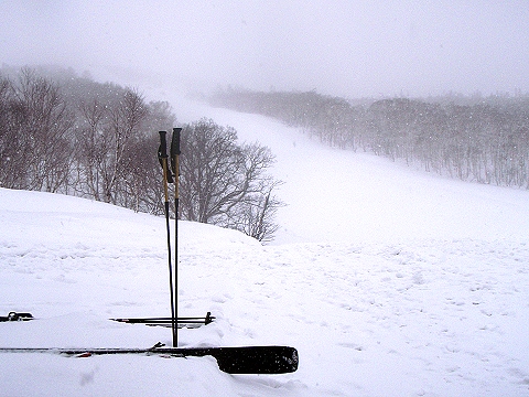 朝のうちは冬に逆戻りしたかのような吹雪模様でした。ヒュッテで待機します。