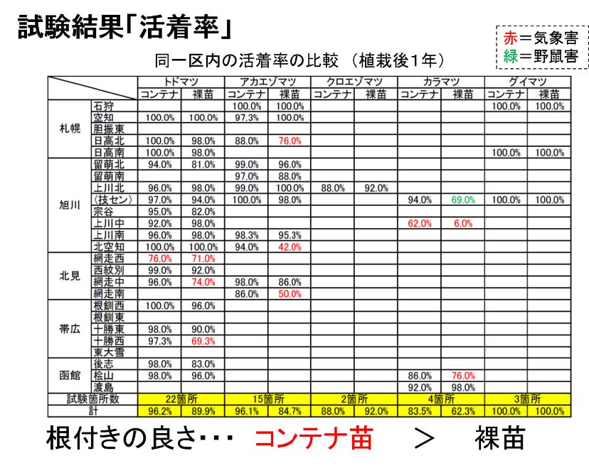 試験地別樹種別コンテナ苗と裸苗の活着状況