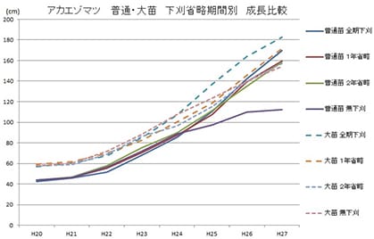 普通・大苗別地拵え方法別成長比較 (アカエゾマツ)