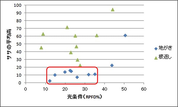 ササ植生の平均高と光条件との関係