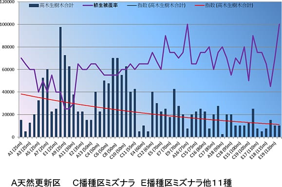 図1 4年目の母樹からの距離と稚樹の発生及び植生の被覆状況