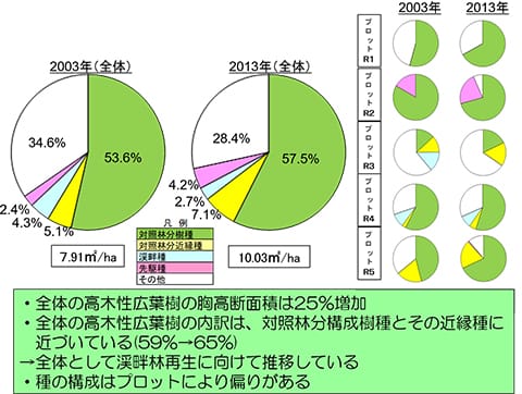 試験地全体(R1～R5)における林分変化(高木性広葉樹胸高断面積)