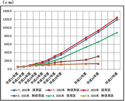 植栽密度別保育有無別樹高成長の推移