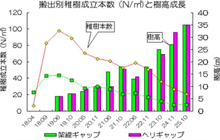 ギャップ別稚樹成立本数と樹高成長の推移