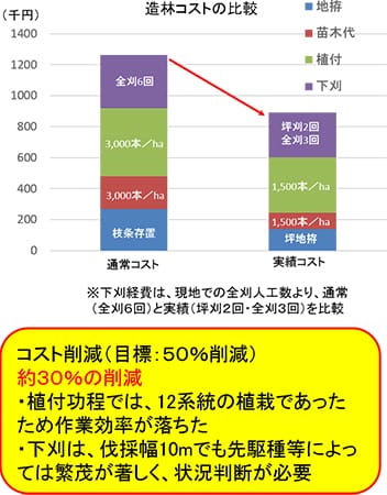 試験結果を踏まえた生産から造林のトータルコストの整理(造林コストの比較)