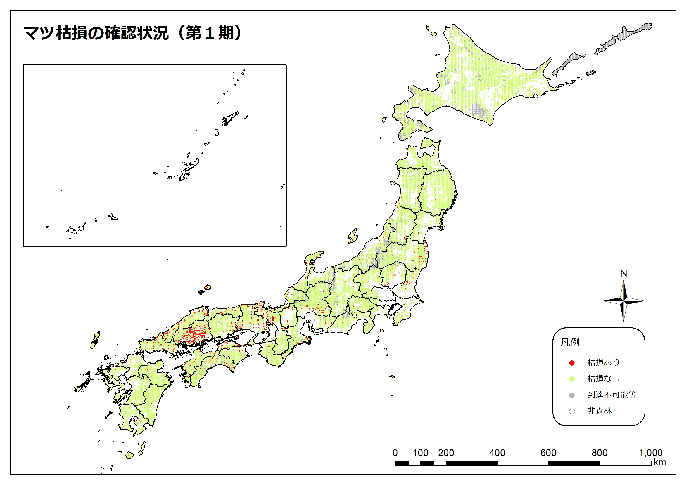 マツ枯損の分布図(第1期)