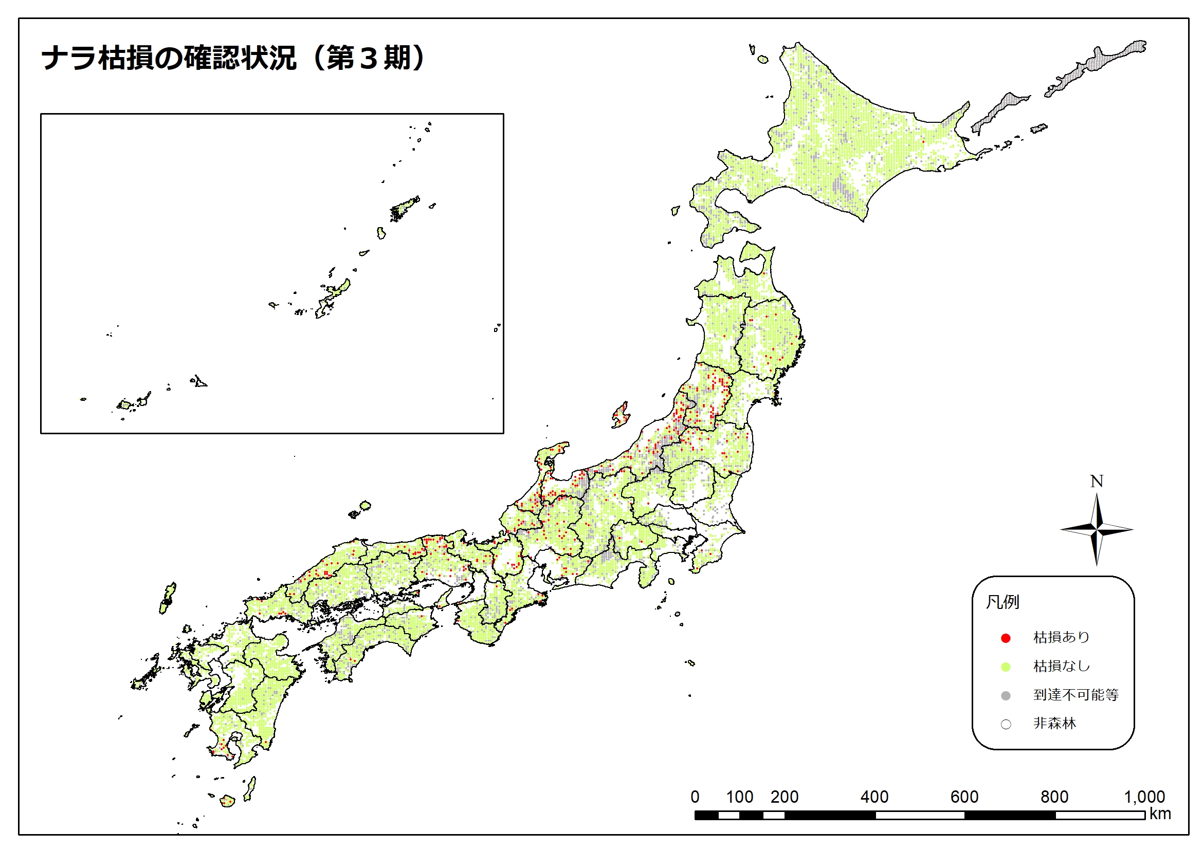 ナラ枯損の分布図(第3期)
